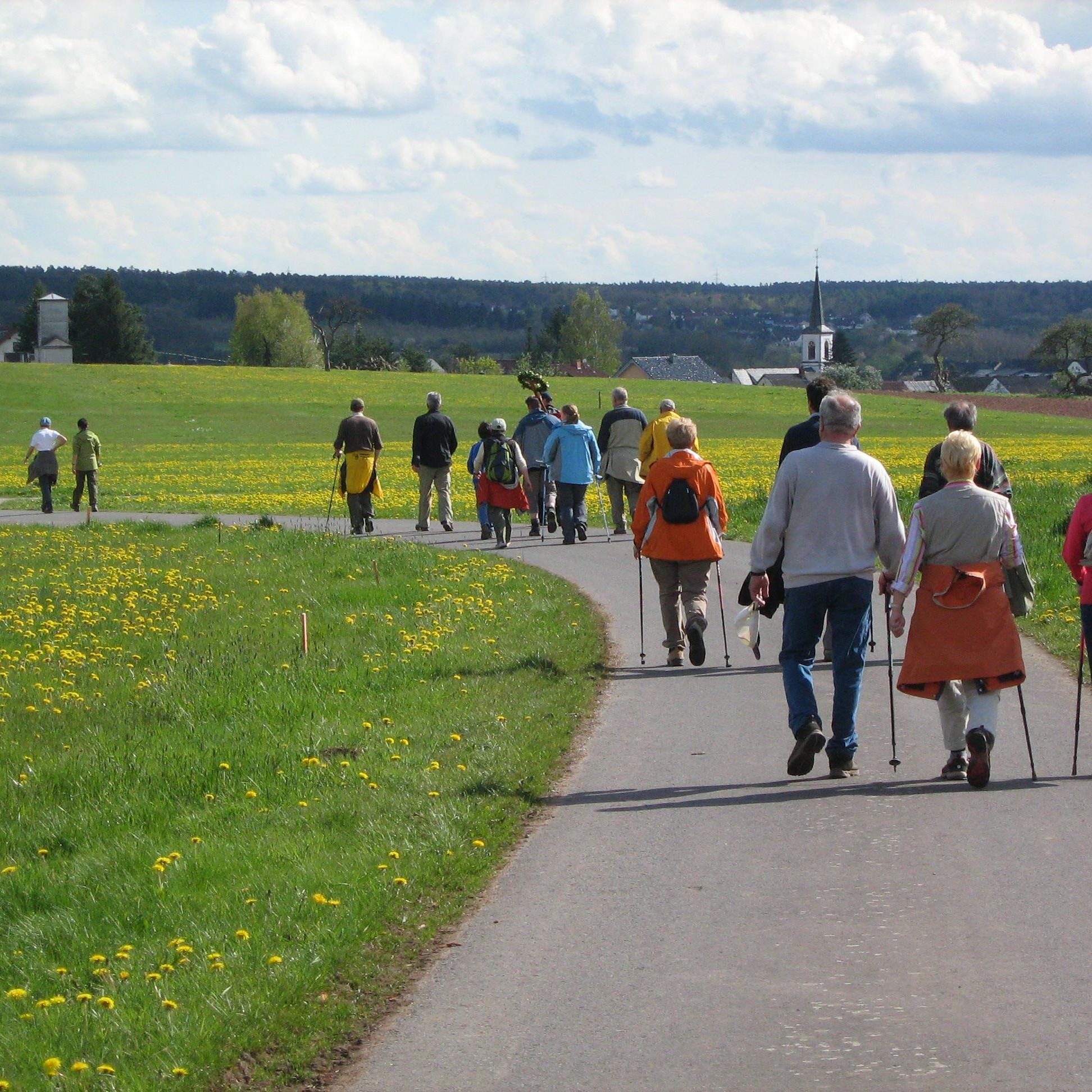 Pilgerer auf gehen auf einem Weg, der durch eine Wiese mit gelben Blumen verläuft. (c) Kent Pilcher / unsplash.com Pilgerer auf gehen auf einem Weg, der durch eine Wiese mit gelben Blumen verläuft.