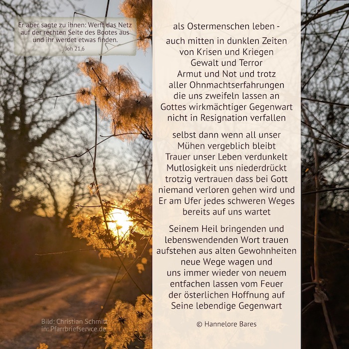 Bild einer untergehenden Sonne hinter Blüten eines Baumes. Darüber liegt der Impulstext (c) Hannlore Bares Bild einer untergehenden Sonne hinter Blüten eines Baumes. Darüber liegt der Impulstext