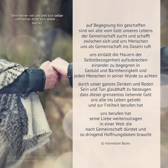 Bildimpuls 24. Sonntag (c) Hannelore Bares Zwei Menschen die ihre Hand halten, daneben steht der Impulstext
