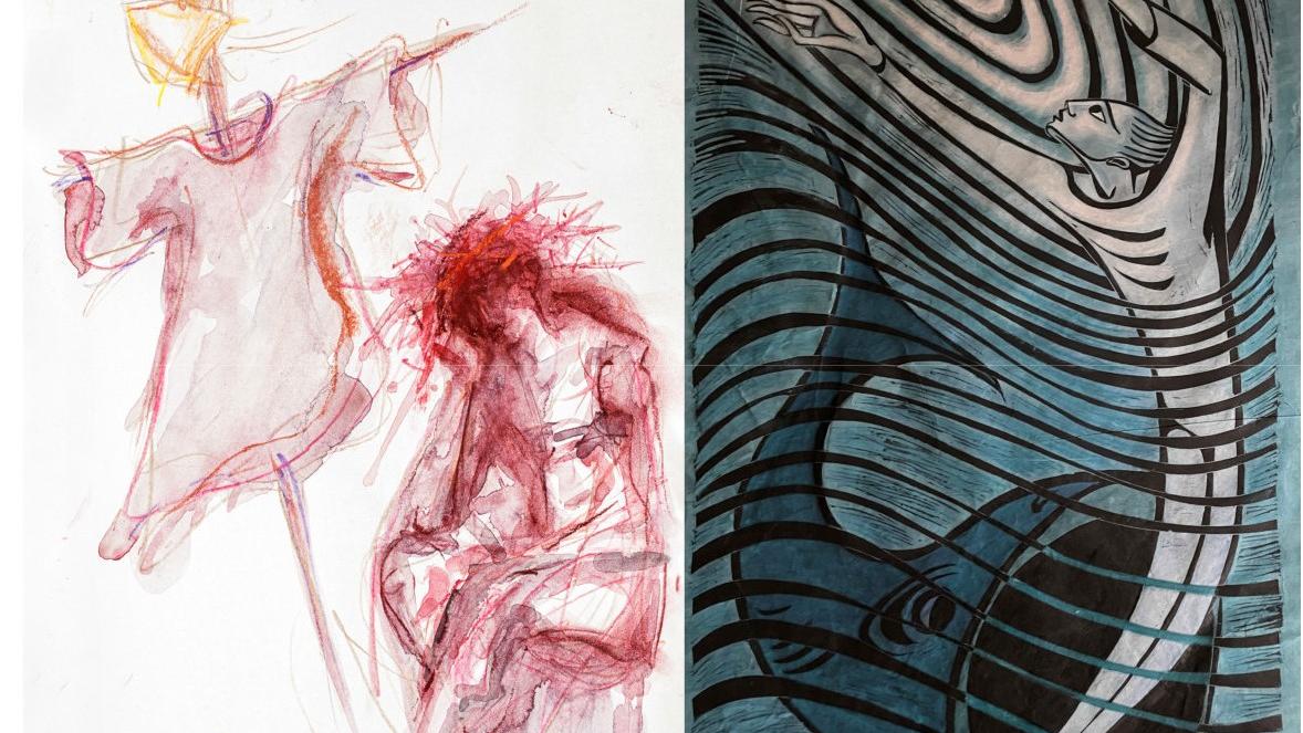 Zwei der Werke, die in Saarlouis zu sehen sind. Links: Jesus in der Rast, Aquarell, Tagebuch 2000, Privatbesitz; Rechts: Jona, Linoldruck, 1956, Ernst Alt Kunstforum