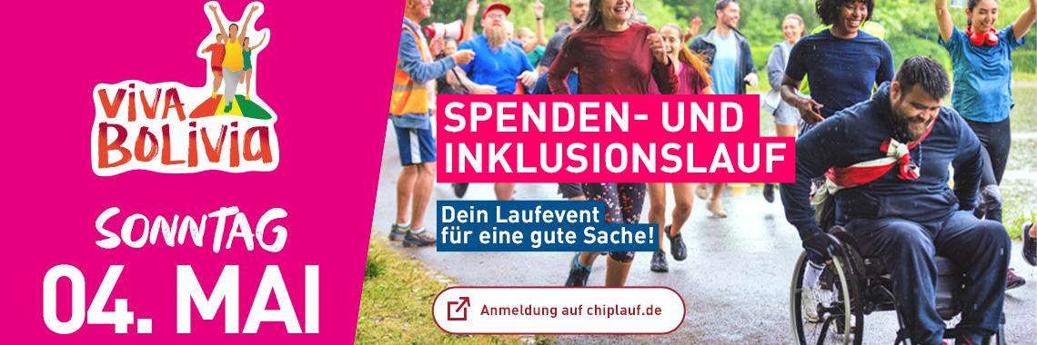 Buntes Plakat zur Bewerbung des Spendenlaufs mit Läufer*innen zu Fuß und im Rollstuhl.