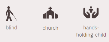 Man sieht drei Icons. Links einen Menschen mit einem Blindenstock, in der Mitte ein stilisierte Kirche, rechts zwei offene Hände, in deren Mitte ein Säugling ist