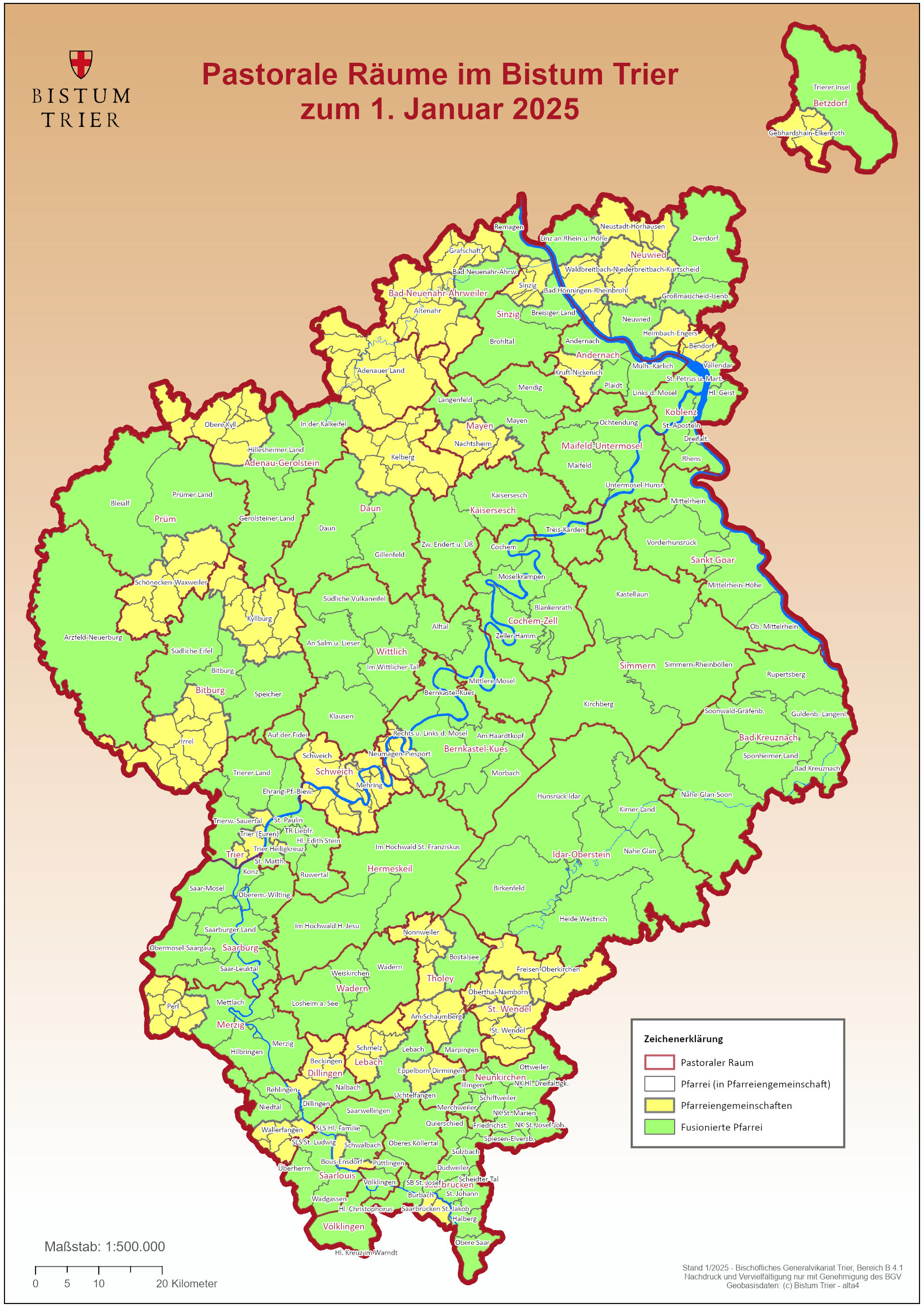 Landkarte des Bistums Trier mit den Grenzen der Pastoralen Räume
