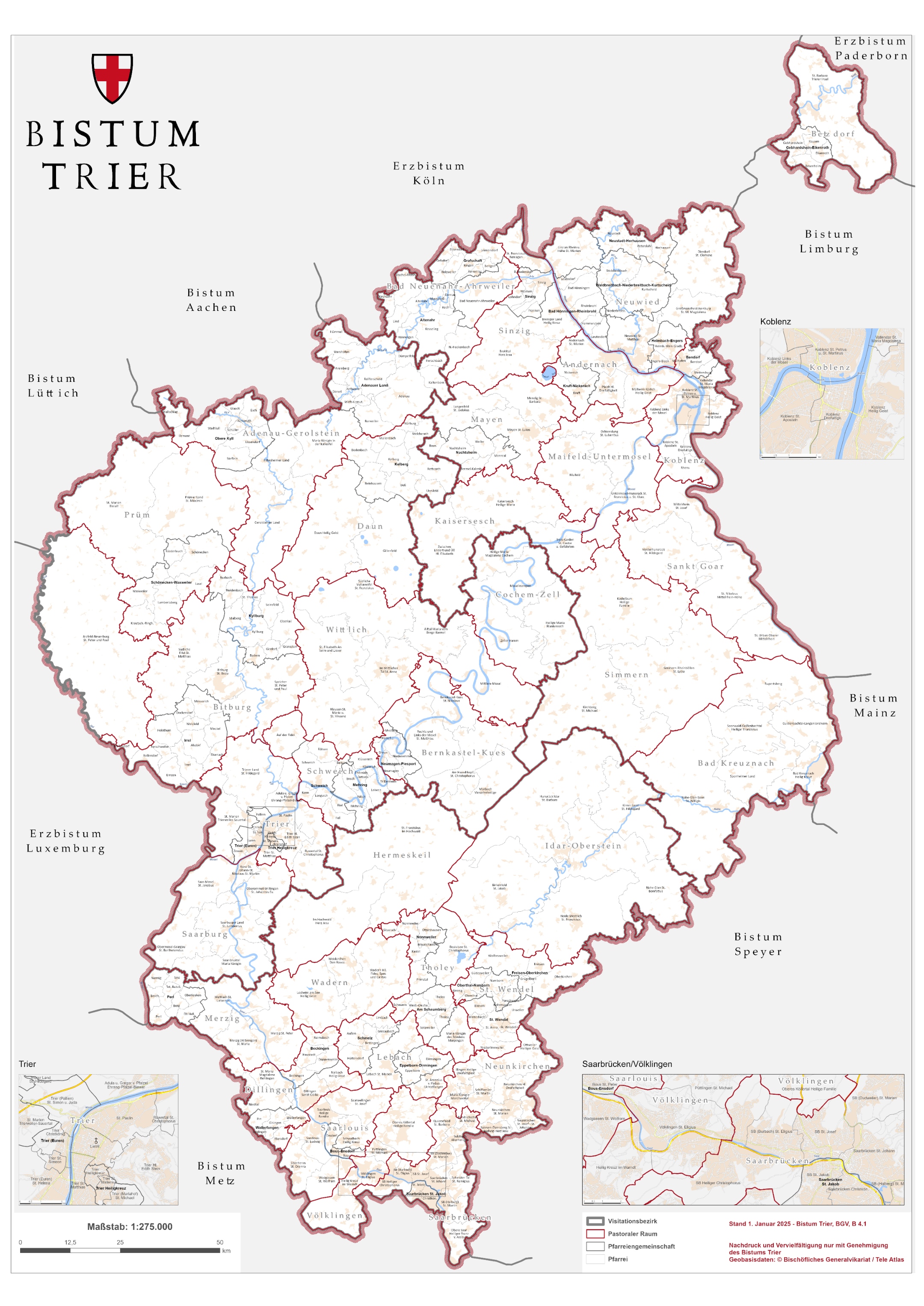 Landkarte des Bistums Trier mit den Grenzen der Pastoralen Räume