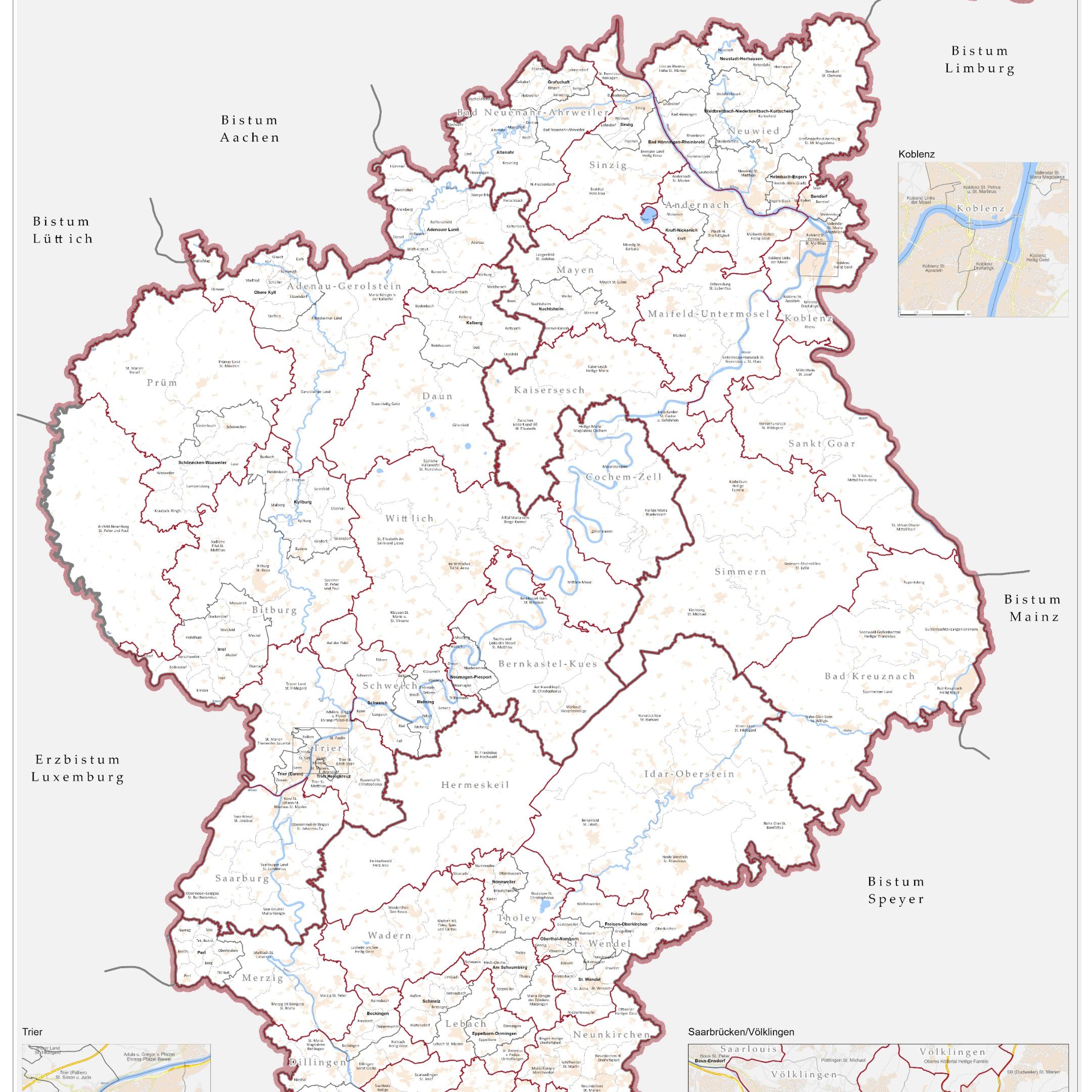 Landkarte des Bistums Trier mit den Grenzen der Pastoralen Räume